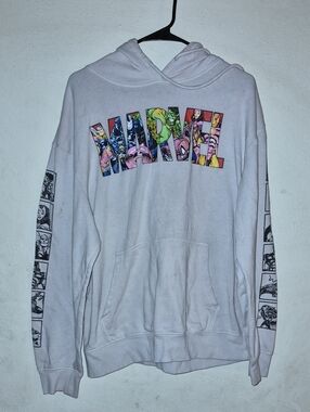 Marvel Multicolor Logo White Hoodie with Comic Sleeve Panels